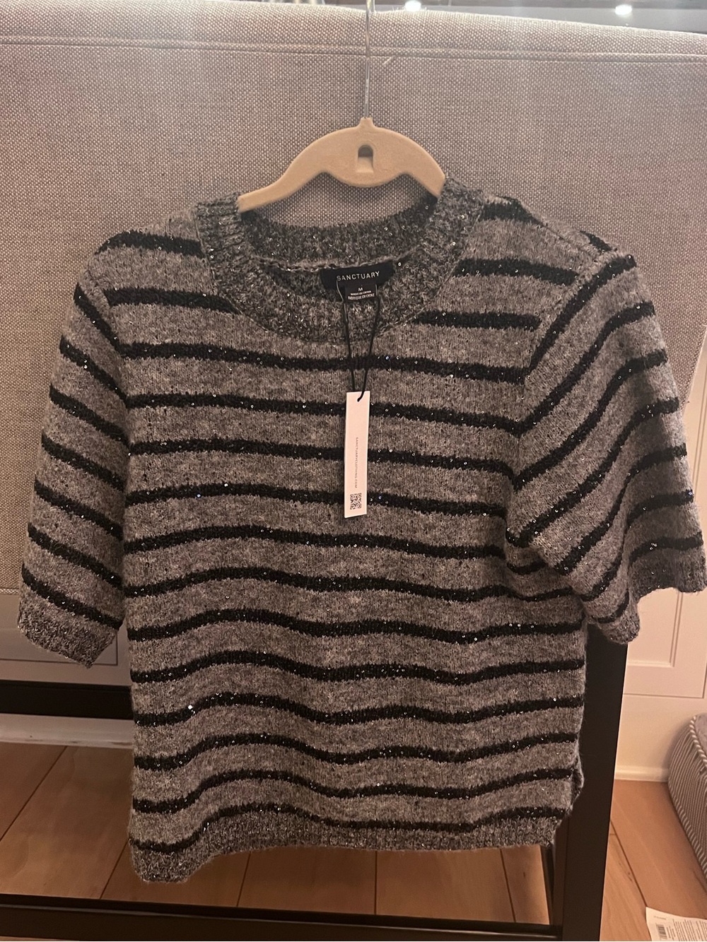 Sanctuary Gray & Black Striped Short-Sleeve Crew Sweater